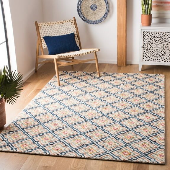 SAFAVIEH Trace Henrietta Geometric Floral Wool Area Rug, Ivory/Navy, 3' x 5'