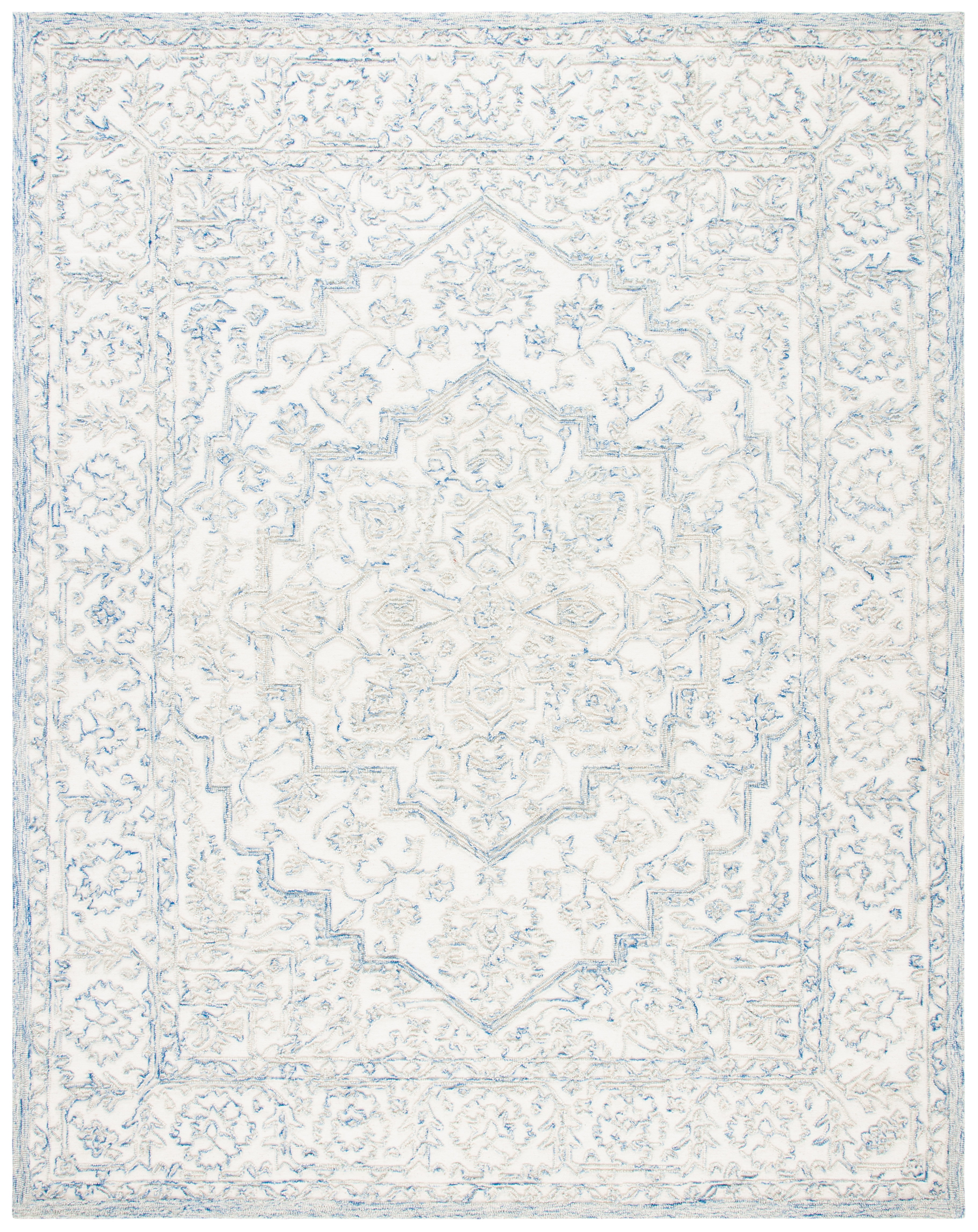 Ivory and Blue Hand-Tufted Wool 8' x 10' Area Rug
