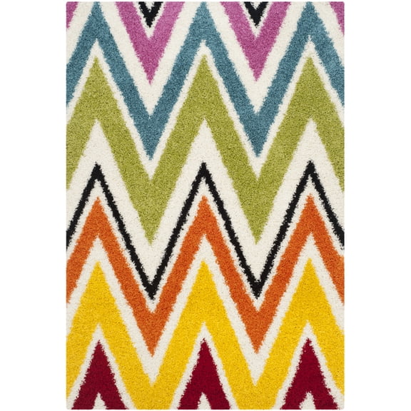 SAFAVIEH Trafford Zigzag Stripes Kids Shag Area Rug, Ivory/Multi, 4' x 6'