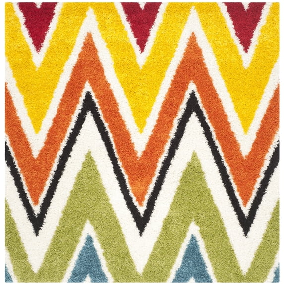 SAFAVIEH Trafford Zigzag Stripes Kids Shag Area Rug, Ivory/Multi, 6'7" x 6'7" Square