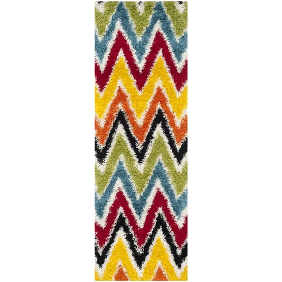 SAFAVIEH Trafford Zigzag Stripes Kids Shag Runner Rug, Ivory/Multi, 2'3" x 7'