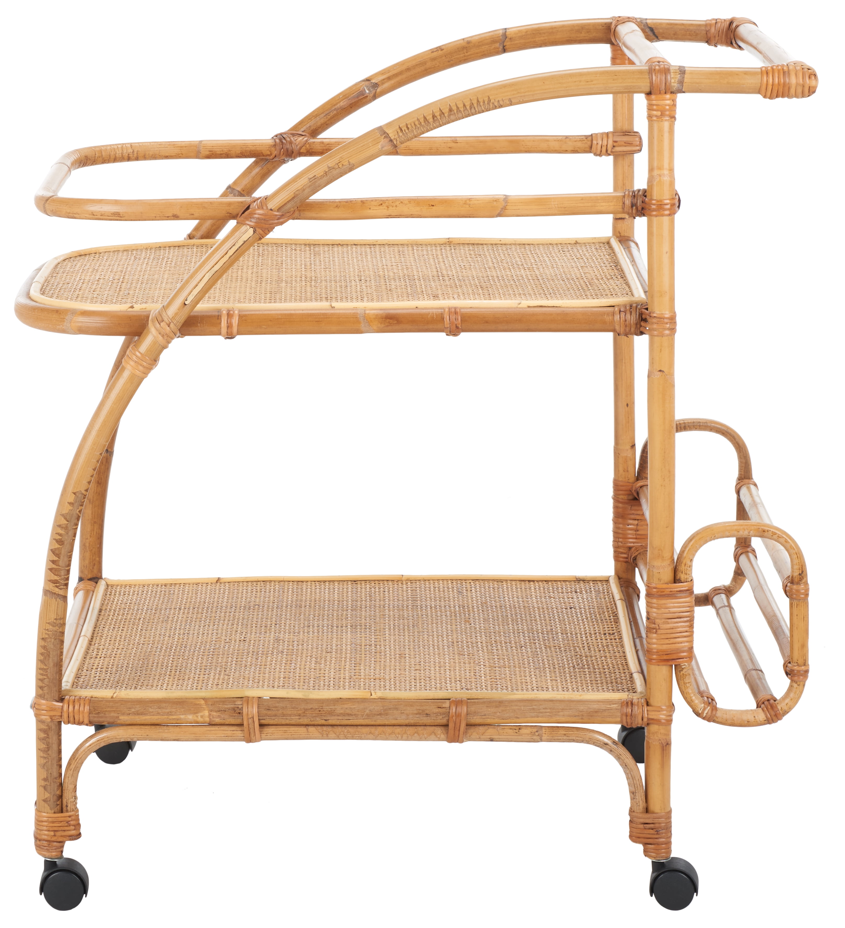 Natural Rattan 2-Tier Bar Cart with Brass Hardware