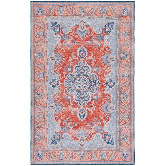 SAFAVIEH Tucson Alphonse Traditional Machine Washable Area Rug, 5' x 8', Rust/Blue