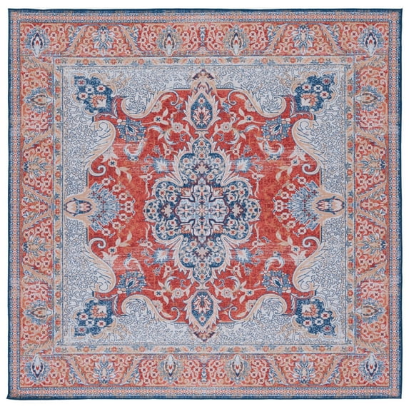 SAFAVIEH Tucson Alphonse Traditional Machine Washable Area Rug, 6' x 6' Square, Rust/Blue