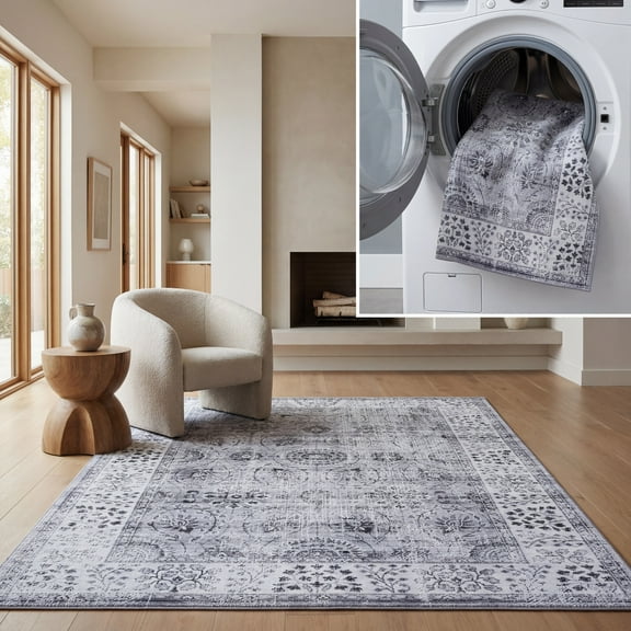 SAFAVIEH Tucson Aurbree Oriental Machine Washable Area Rug, Dark Grey/Light Grey, 4' x 6'