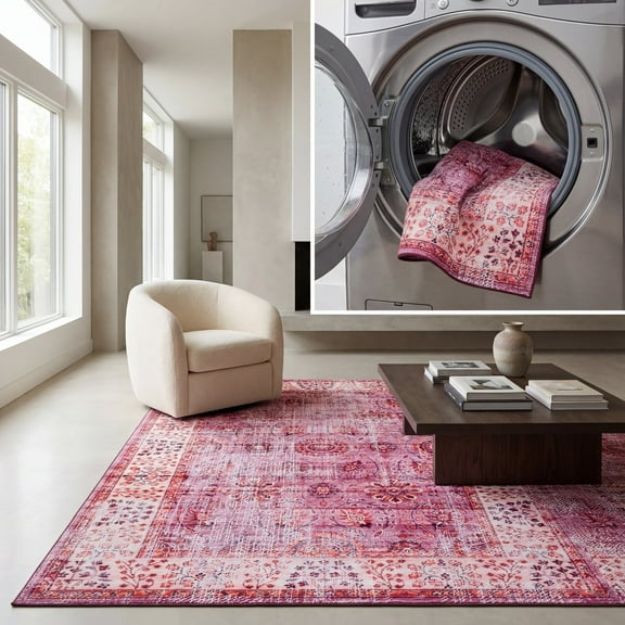 SAFAVIEH Tucson Aurbree Oriental Machine Washable Area Rug, Fuchsia/Rust, 3' x 5'