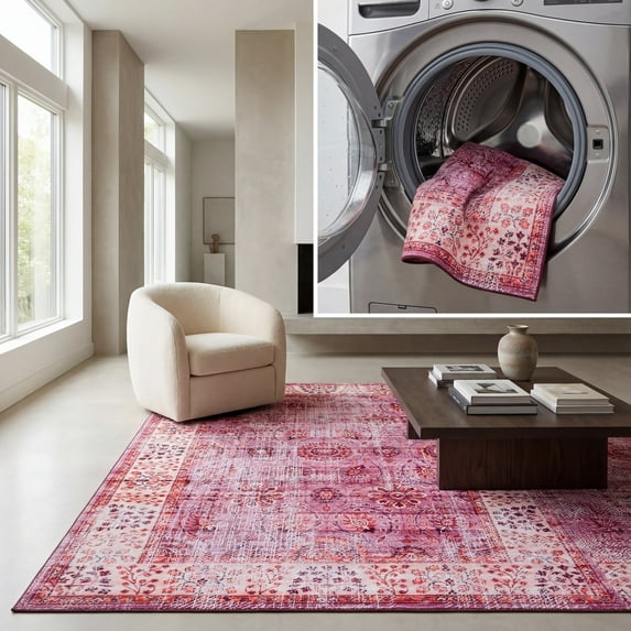 SAFAVIEH Tucson Aurbree Oriental Machine Washable Area Rug, Fuchsia/Rust, 4' x 6'