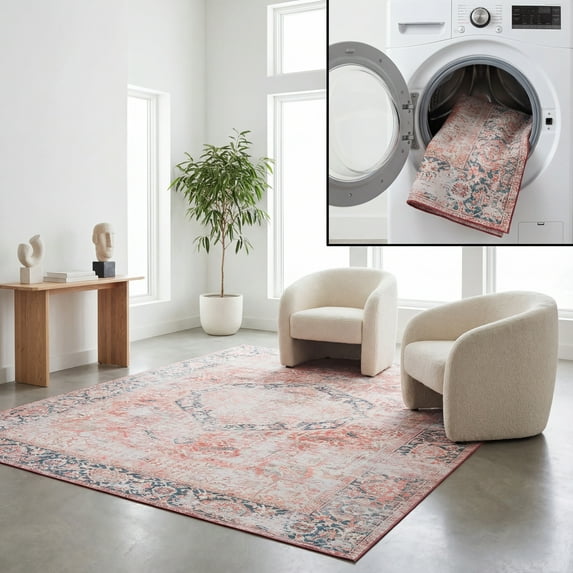 SAFAVIEH Tucson Avaline Traditional Machine Washable Area Rug, 3' x 5', Rust/Navy