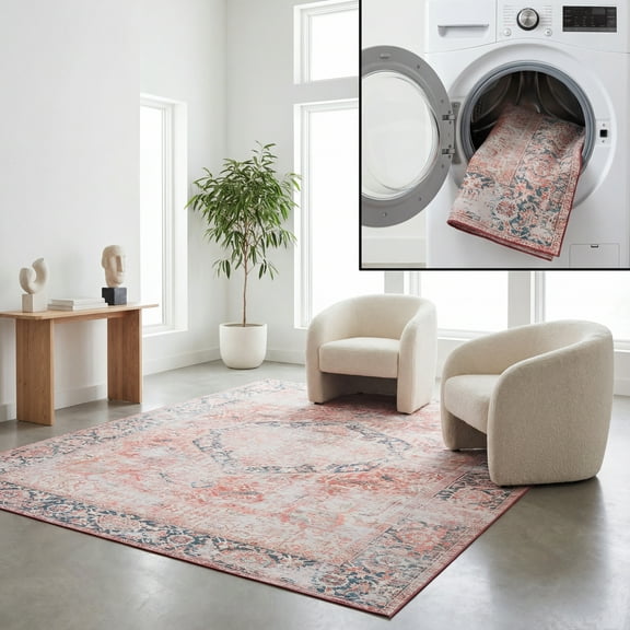 SAFAVIEH Tucson Avaline Traditional Machine Washable Area Rug, 8' x 10', Rust/Navy