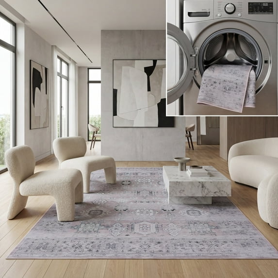 SAFAVIEH Tucson Barrfind Traditional Machine Washable Area Rug, 3' x 5', Pink/Beige
