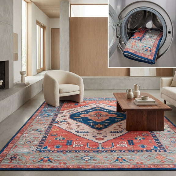 SAFAVIEH Tucson Barrfind Traditional Machine Washable Area Rug, 5' x 8', Rust/Blue
