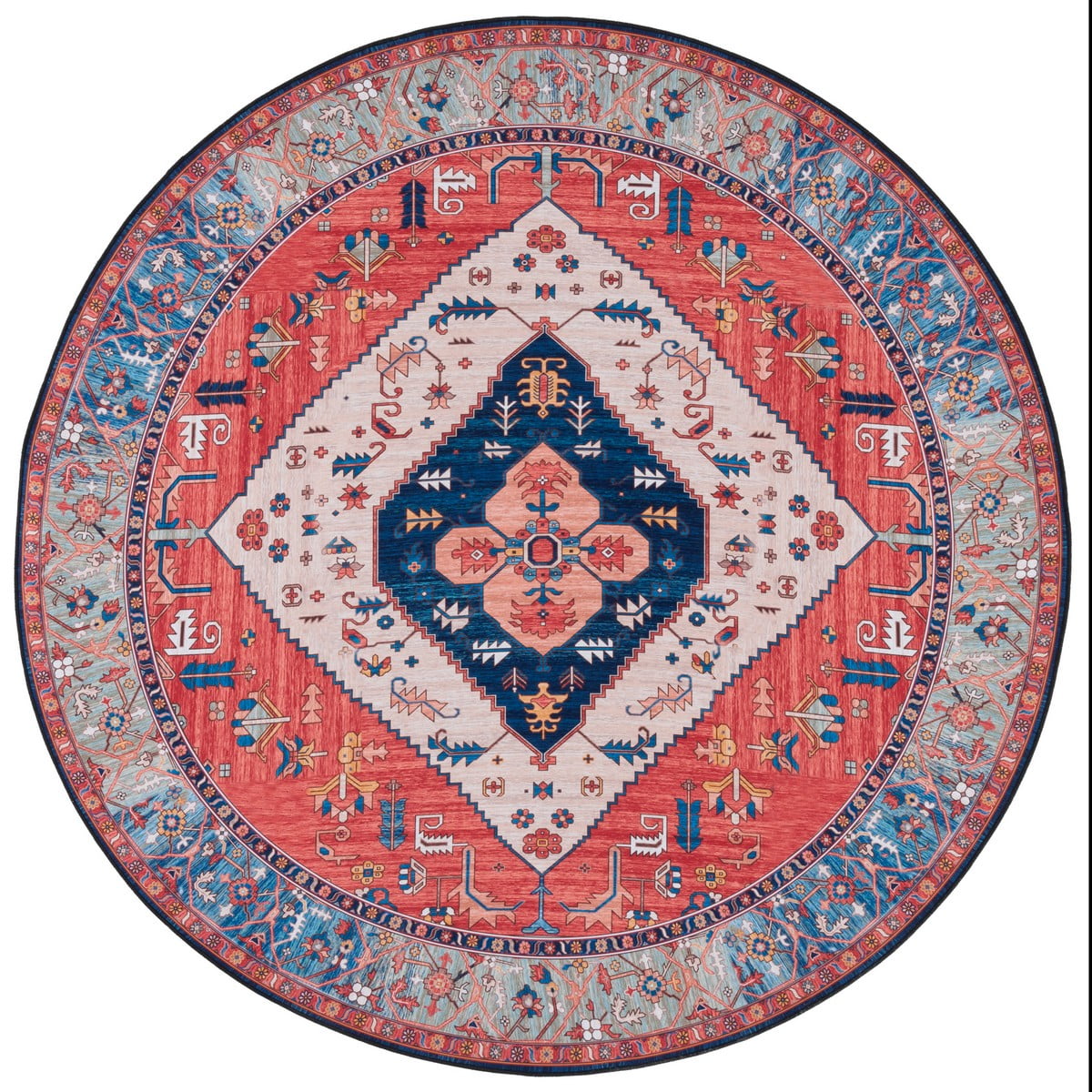SAFAVIEH Tucson Barrfind Traditional Machine Washable Area Rug, 6' x 6' Round, Rust/Blue