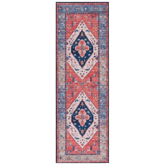 SAFAVIEH Tucson Barrfind Traditional Machine Washable Runner, 2'6" x 8', Rust/Blue