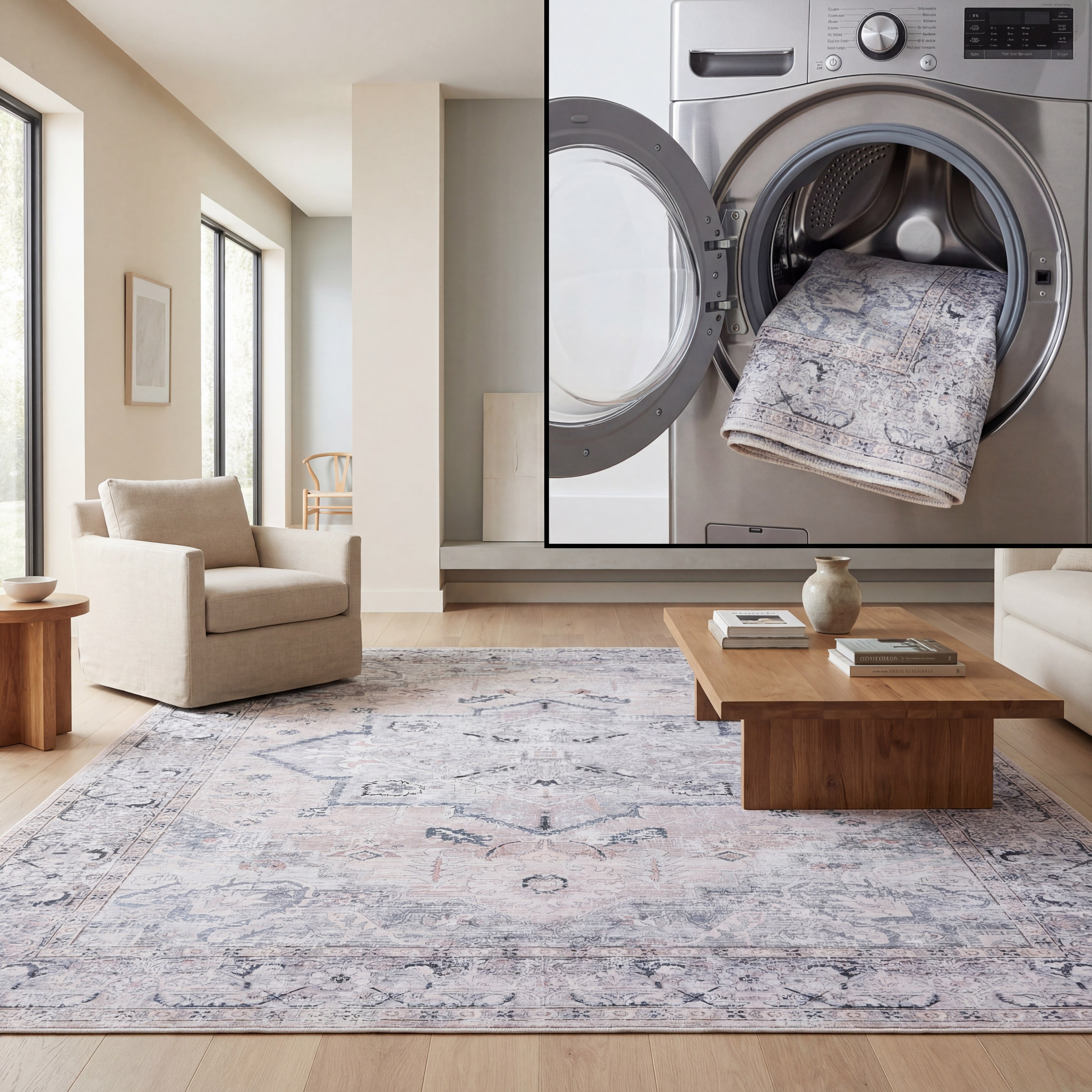 SAFAVIEH Tucson Beulah Oriental Machine Washable Area Rug, Beige/Grey, 8' x 8' Square