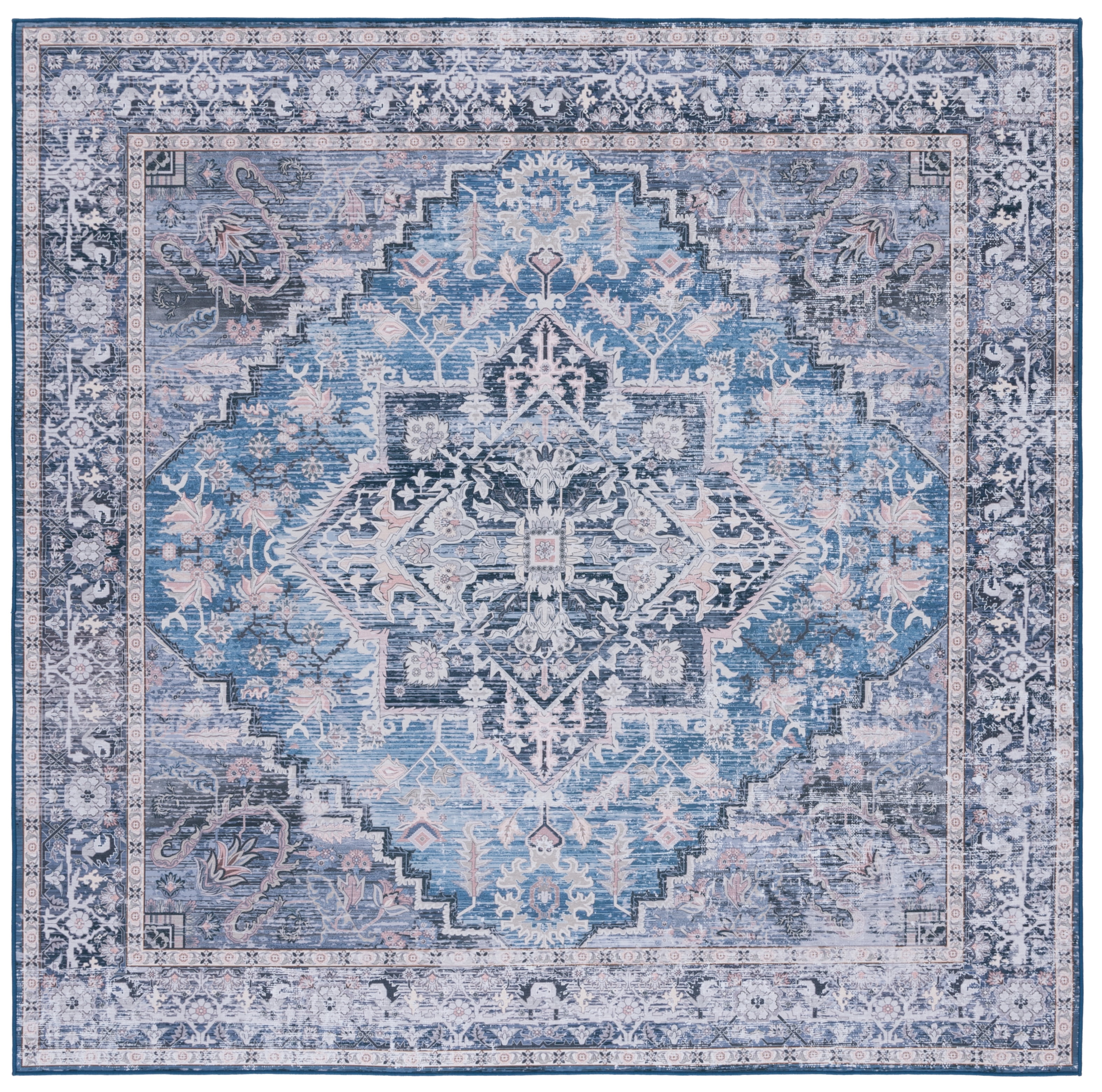 Blue and Charcoal Synthetic Washable Round Area Rug, 4' x 4'