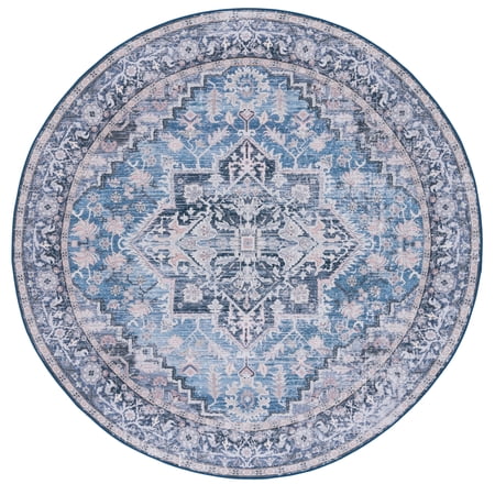 SAFAVIEH Tucson Beulah Oriental Machine Washable Area Rug, Blue/Charcoal, 8' x 8' Round