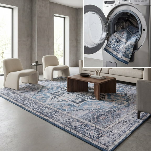 SAFAVIEH Tucson Beulah Oriental Machine Washable Area Rug, Blue/Charcoal, 8' x 8' Square