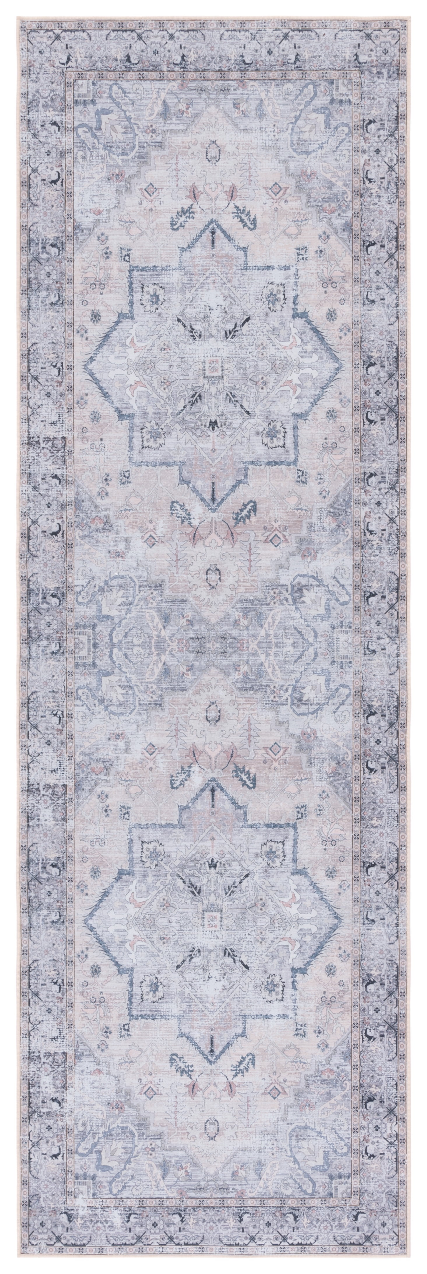 Beige and Grey Oriental Synthetic Washable Runner Rug, 2'6" x 6'