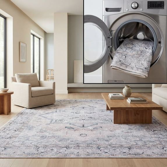 SAFAVIEH Tucson Beulah Traditional Machine Washable Area Rug, 5' x 8', Beige/Grey