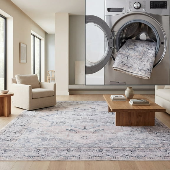 SAFAVIEH Tucson Beulah Traditional Machine Washable Area Rug, 5' x 8', Beige/Grey