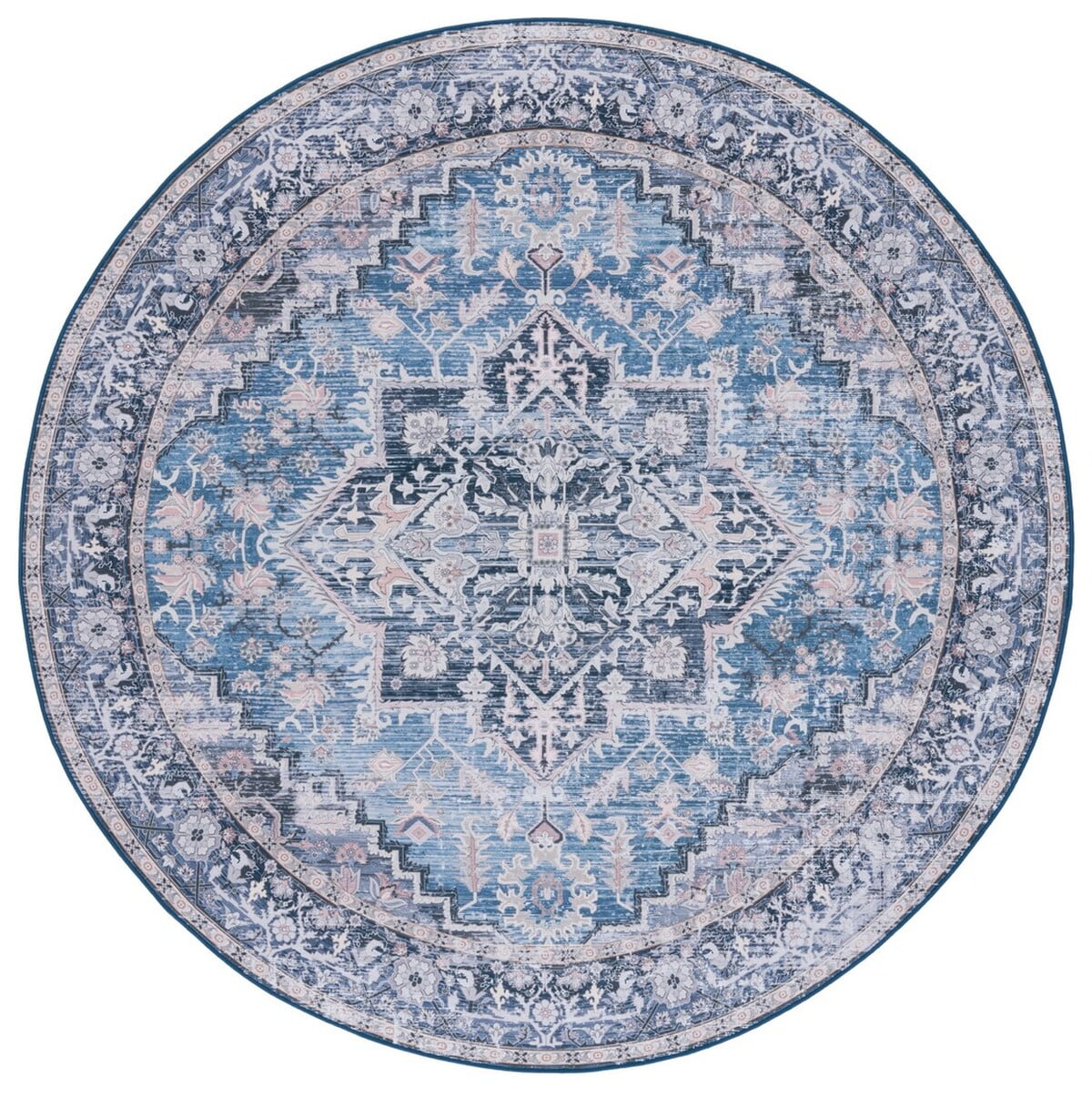SAFAVIEH Tucson Beulah Traditional Machine Washable Area Rug, 6' x 6' Round, Blue/Charcoal