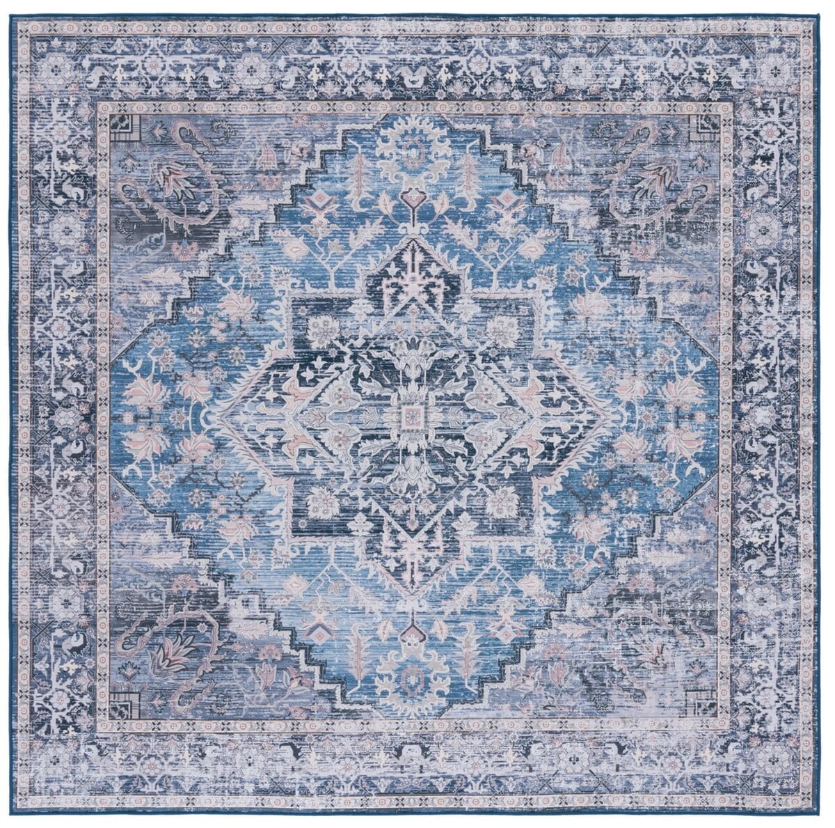 Handmade Blue Square Washable Synthetic Area Rug
