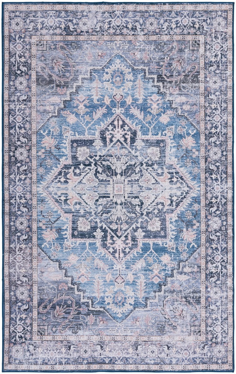 8' x 10' Blue and Charcoal Washable Synthetic Area Rug