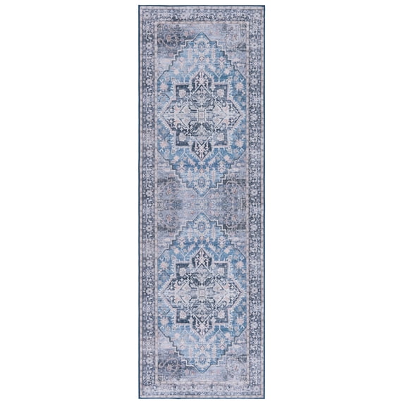 SAFAVIEH Tucson Beulah Traditional Machine Washable Runner Rug, Blue/Charcoal, 2'6" x 10'