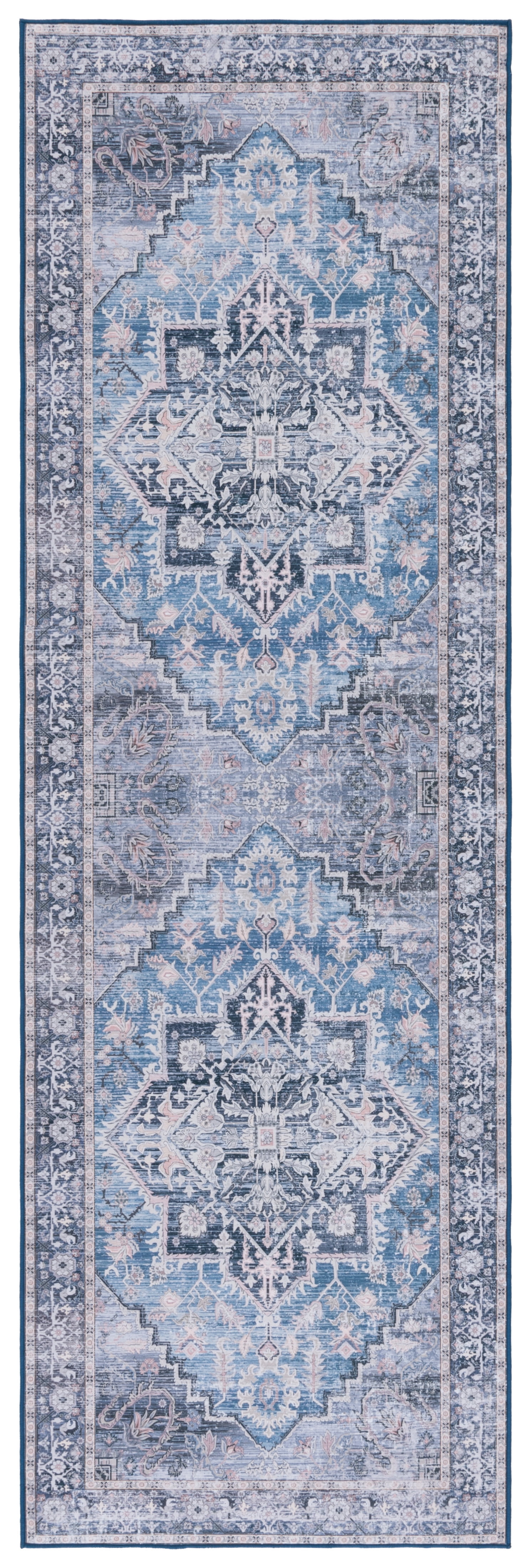 Blue and Charcoal Synthetic Washable Runner Rug, 2'6" x 12'
