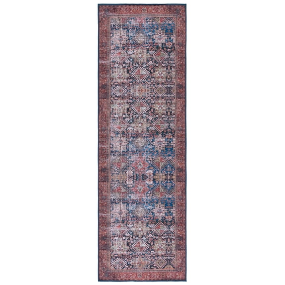 SAFAVIEH Tucson Bronagh Oriental Machine Washable Runner Rug, Navy/Rust, 2'6" x 22'