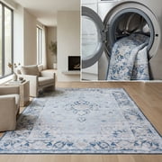 SAFAVIEH Tucson Brooke Oriental Machine Washable Area Rug, Light Blue/Navy, 2'6" x 4'