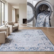 SAFAVIEH Tucson Brooke Oriental Machine Washable Area Rug, Light Blue/Navy, 4' x 4' Square