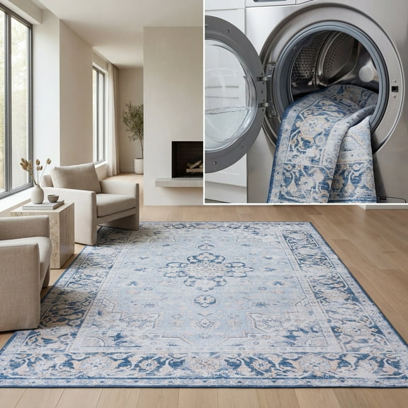 SAFAVIEH Tucson Brooke Traditional Machine Washable Area Rug, 9' x 12', Light Blue/Navy