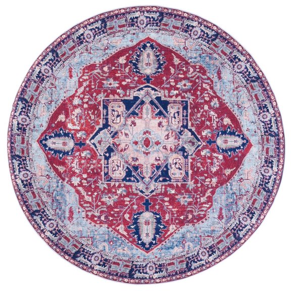 SAFAVIEH Tucson Bryanne Traditional Machine Washable Area Rug, 6'6" x 6'6" Round, Red/Navy