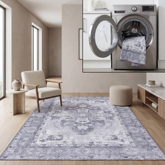 SAFAVIEH Tucson Camillo Oriental Machine Washable Area Rug, Dark Gray/Light Gray, 8' x 10'