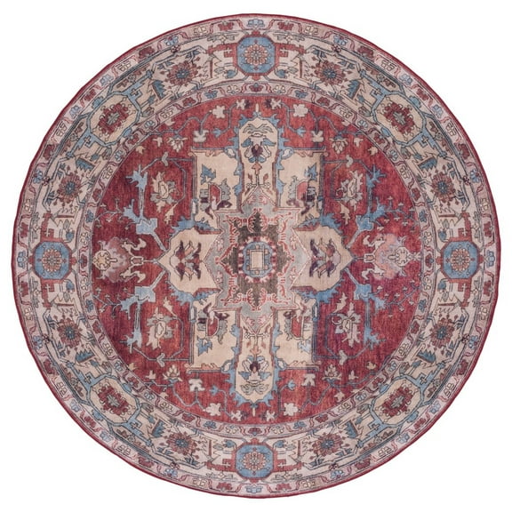 SAFAVIEH Tucson Camillo Traditional Machine Washable Area Rug, 6'6" x 6'6" Round, Red/Beige