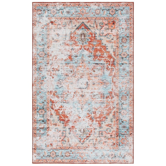 SAFAVIEH Tucson Caroline Oriental Machine Washable Area Rug, Turquoise/Rust, 3' x 5'