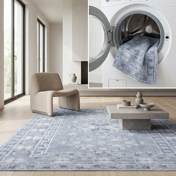 SAFAVIEH Tucson Carrie Traditional Machine Washable Area Rug, 6' x 9', Grey/Ivory