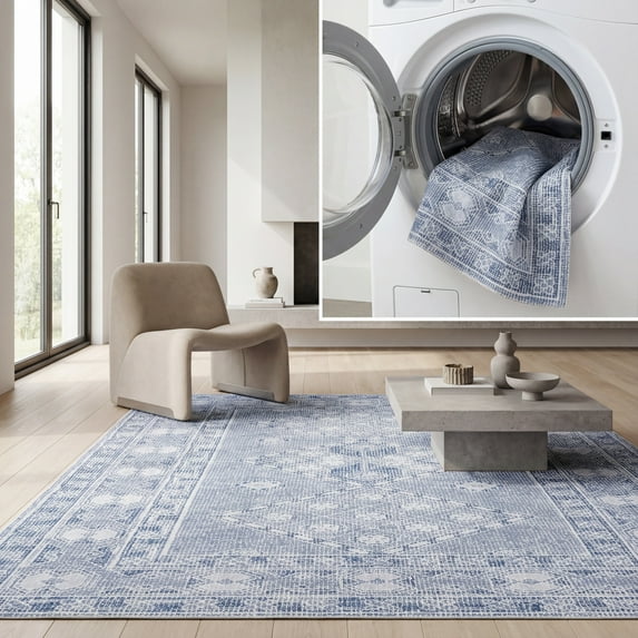 SAFAVIEH Tucson Carrie Traditional Machine Washable Area Rug, 9' x 12', Grey/Ivory