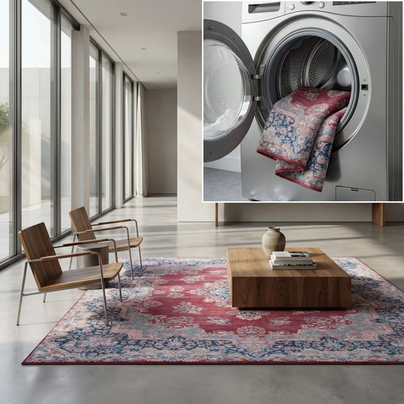 SAFAVIEH Tucson Cayley Traditional Machine Washable Area Rug, 6' x 6' Square, Red/Navy