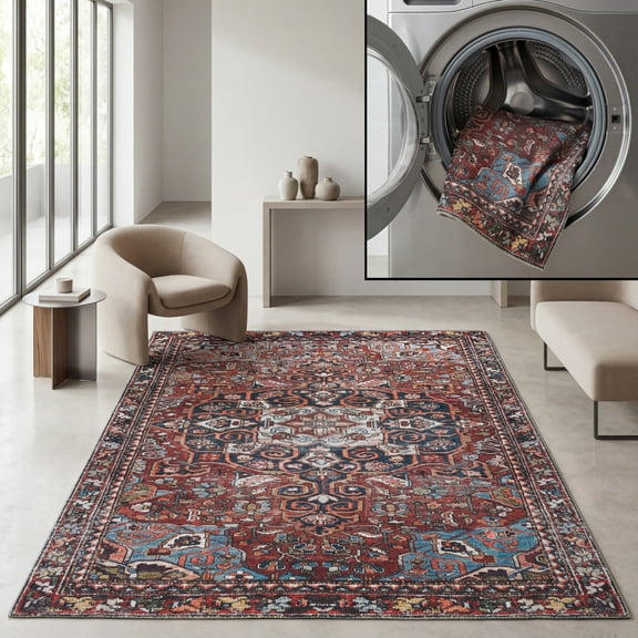 SAFAVIEH Tucson Coty Traditional Machine Washable Area Rug, 3' x 5', Red/Navy