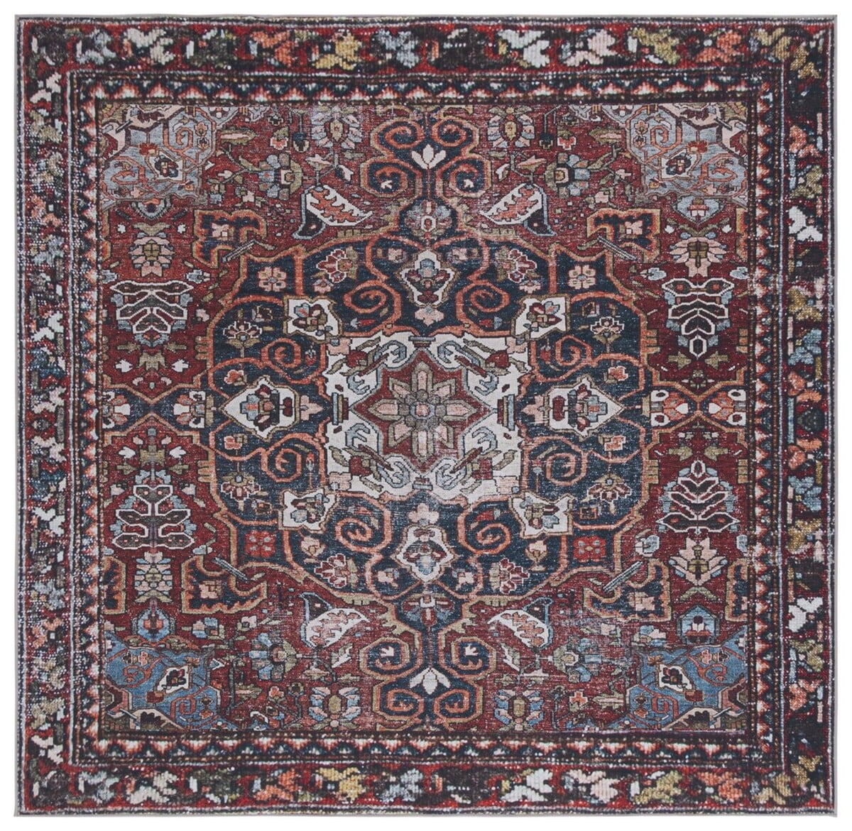 Red and Navy Square Synthetic Hand-Knotted Area Rug