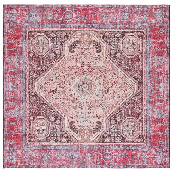 SAFAVIEH Tucson Crane Traditional Machine Washable Area Rug, 6' x 6' Square, Beige/Red