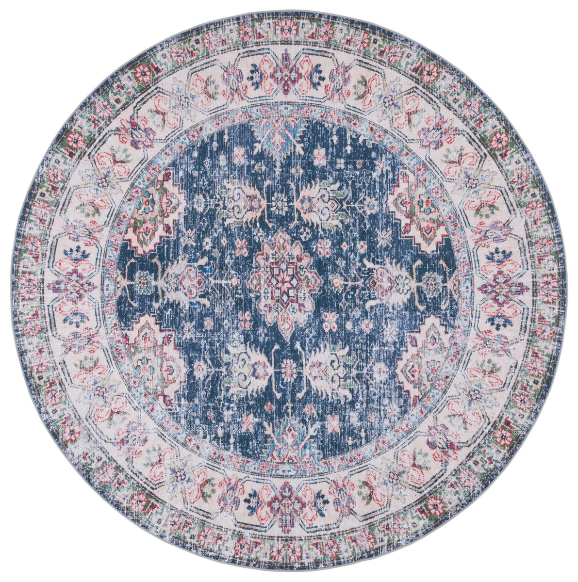 Navy and Beige Round Hand-Knotted Washable Area Rug