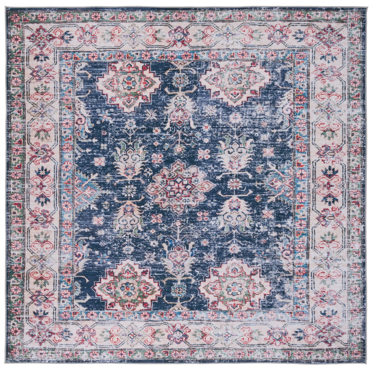 Navy and Beige 6' Square Washable Synthetic Area Rug