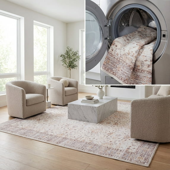 SAFAVIEH Tucson Darion Traditional Machine Washable Area Rug, 4' x 6', Beige/Gold