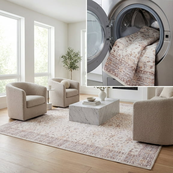 SAFAVIEH Tucson Darion Traditional Machine Washable Area Rug, 5' x 8', Beige/Gold