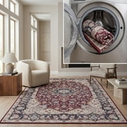 SAFAVIEH Tucson Dewayne Traditional Machine Washable Area Rug, 5' x 8', Red/Navy