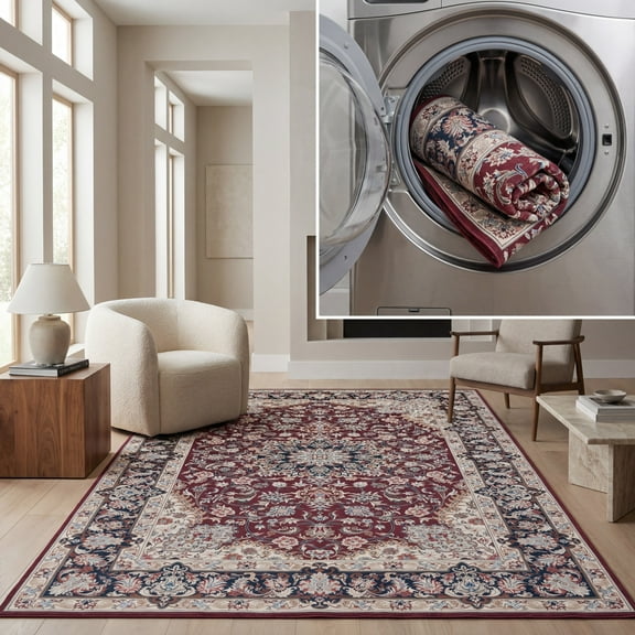 SAFAVIEH Tucson Dewayne Traditional Machine Washable Area Rug, 6' x 6' Square, Red/Navy