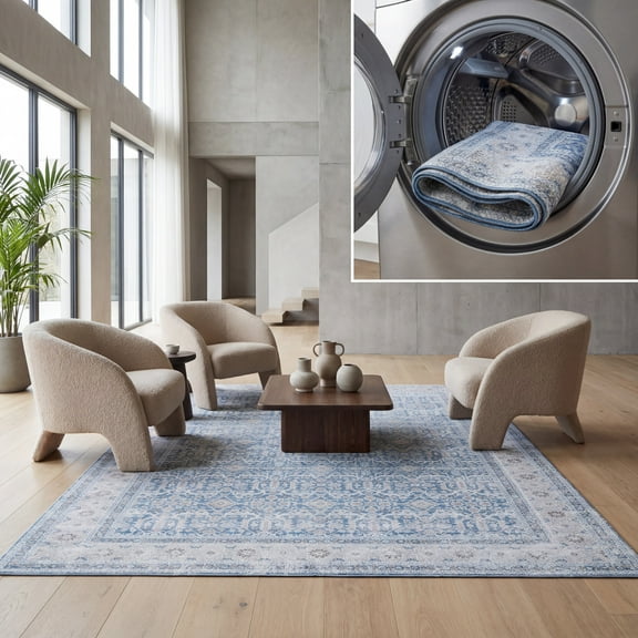 SAFAVIEH Tucson Diego Traditional Machine Washable Area Rug, 3' x 5', Blue/Rust